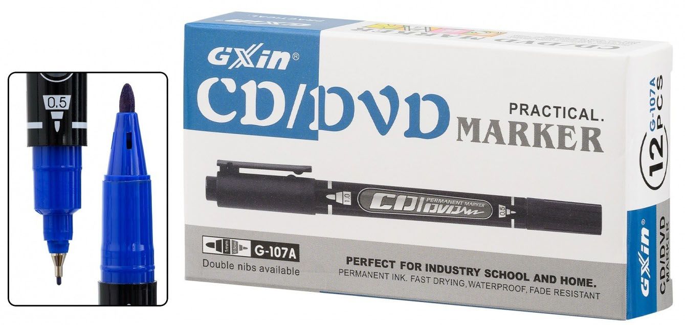 Маркер перманентный двусторонний острый 1 мм - супер тонкий 0,5 мм G-107A, синий - фото